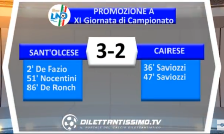 VIDEO, Sant’Olcese-Cairese 3-2, Promozione Girone A, 11ª  Giornata