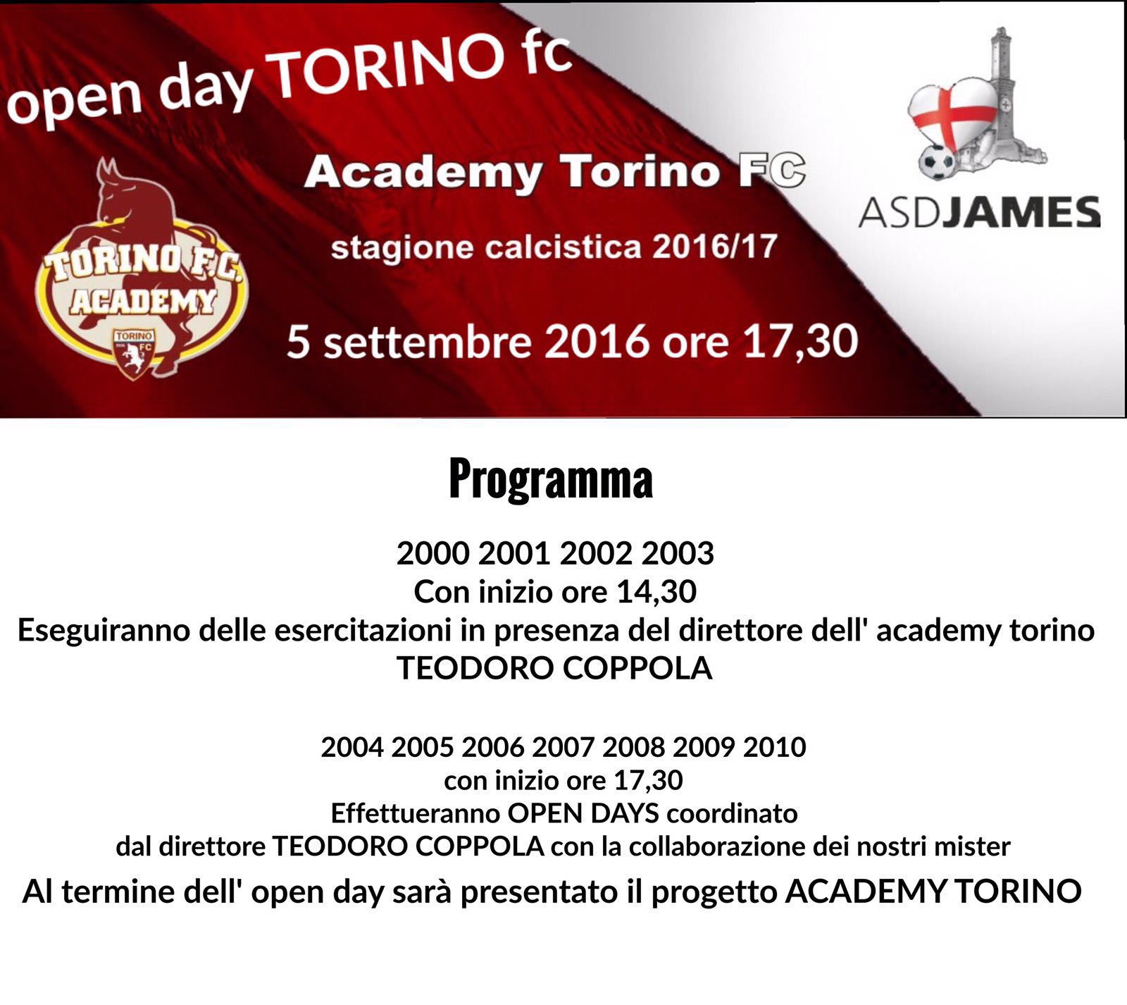 Il TORINO ritorna al “San Giorgio” di Bavari, l’open day della JAMES