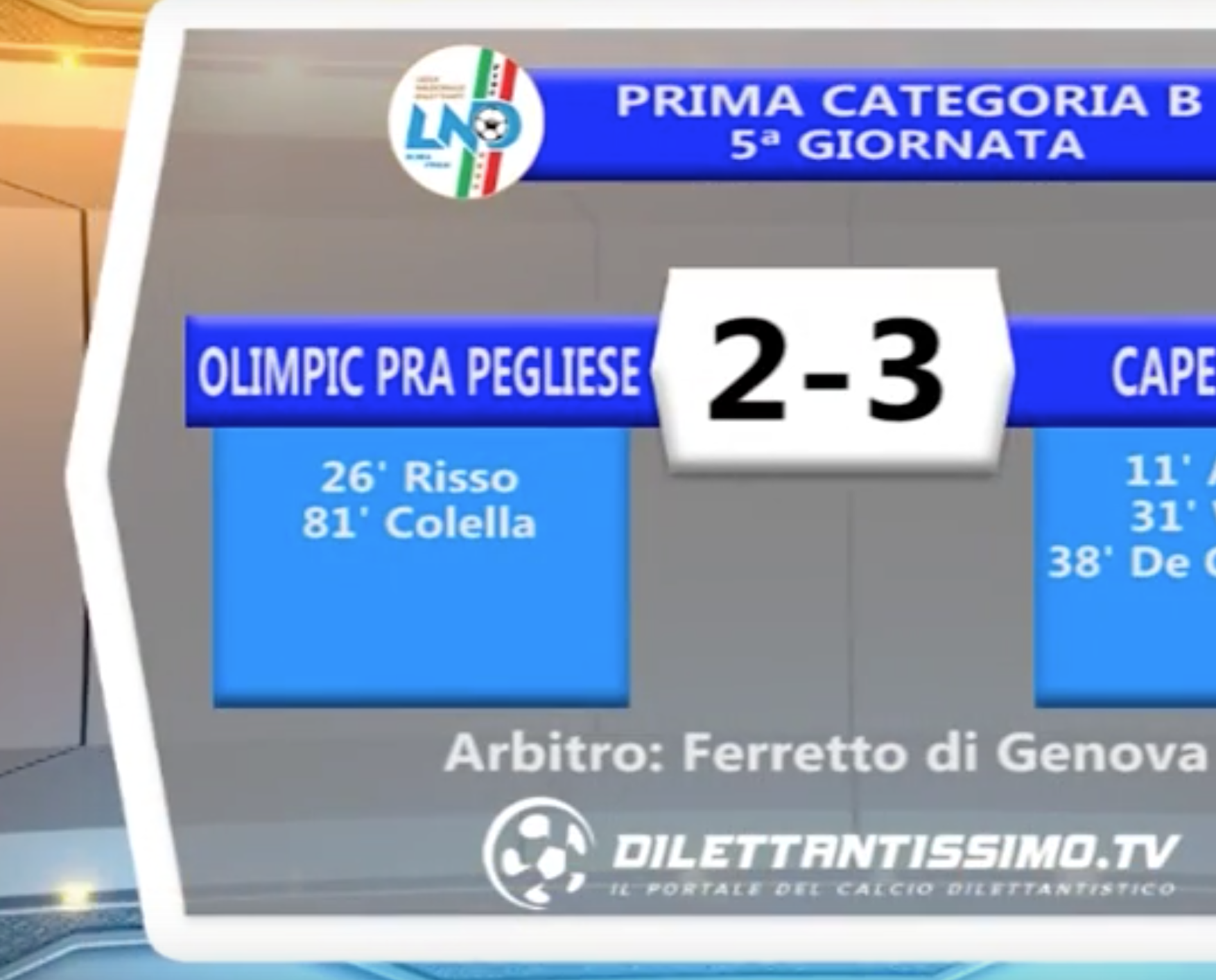 PRIMA CATEGORIA GIRONE B – OLIMPIC PRA PEGLIESE – CAPERANESE  5A GIORNATA