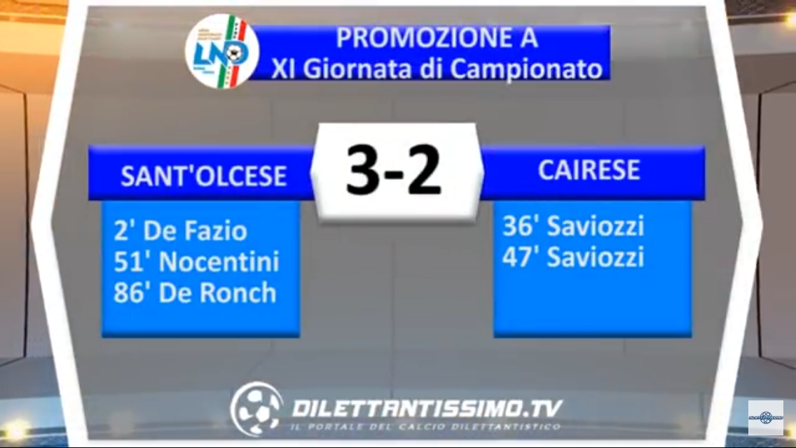 VIDEO, Sant’Olcese-Cairese 3-2, Promozione Girone A, 11ª  Giornata