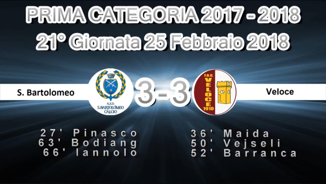 VIDEO: SAN BARTOLOMEO-VELOCE 3-3. Prima Categoria A 21ª giornata