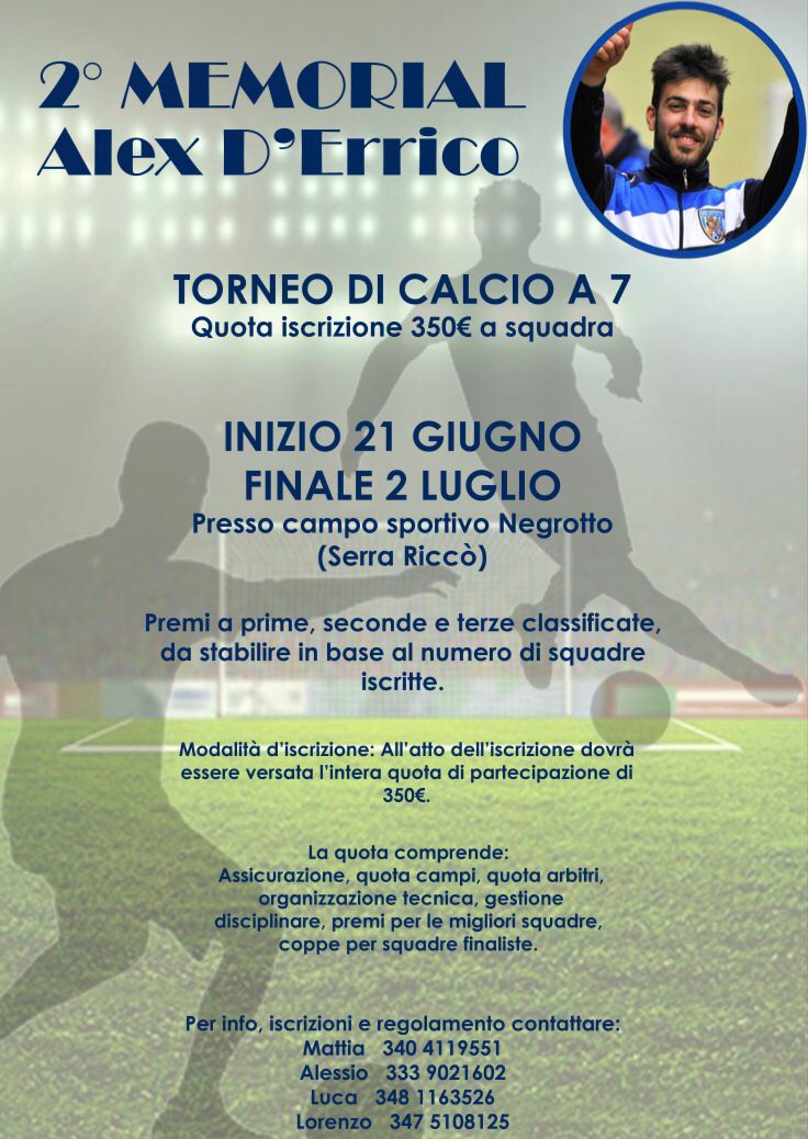 2º MEMORIAL ALEX D’ERRICO: avrà inizio il 21 giugno presso il campo sportivo negrotto